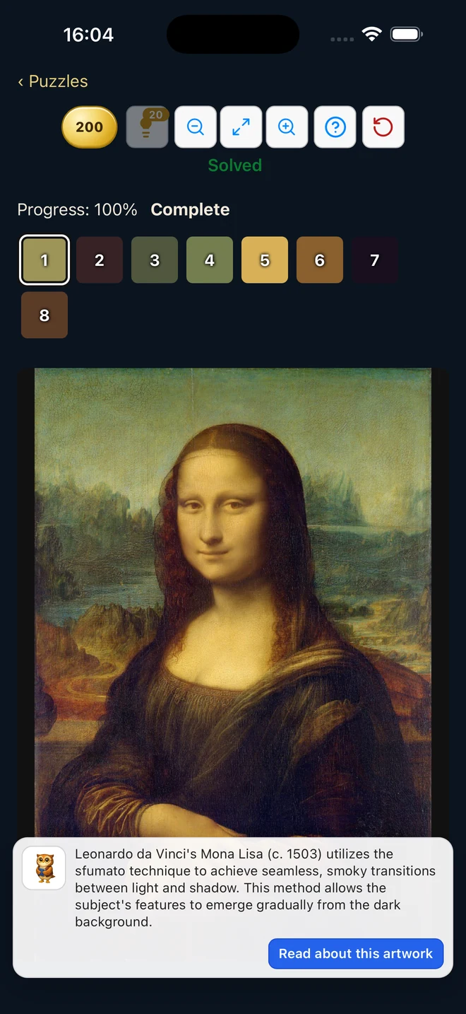 The completed Mona Lisa painting in Painting at the Museum