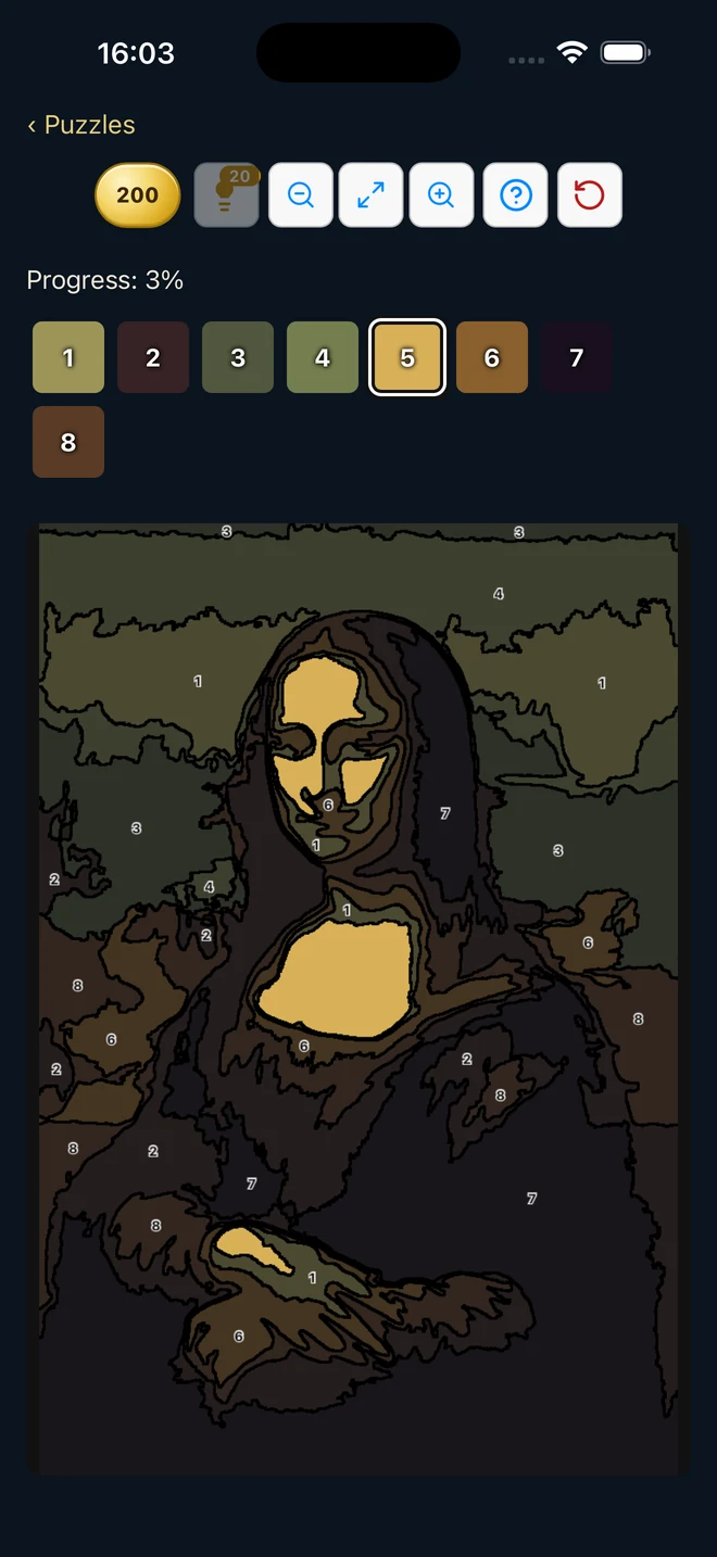 Painting at the Museum paint-by-numbers canvas with a partly coloured Mona Lisa